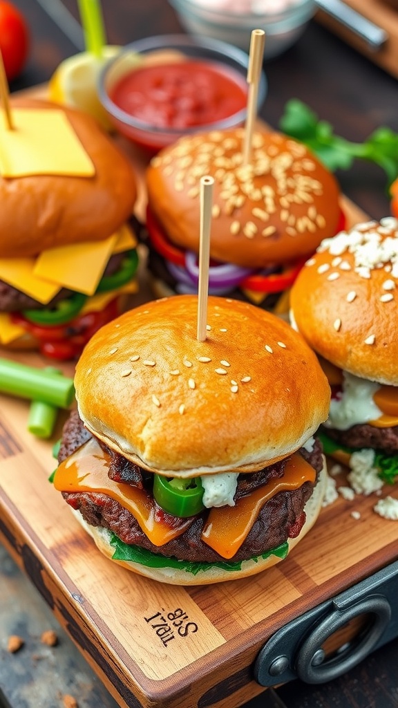 Three burgers on a wooden board: classic cheeseburger, spicy jalapeño burger, and gourmet feta burger.